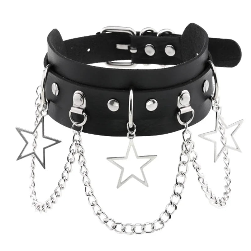1Pc Harajuku Gothic Spike Rivet Star Necklaces Collares Hip Hop Rock Black Bowknot PU Lace Leather Sexy Y2K Girl Choker Jewelry