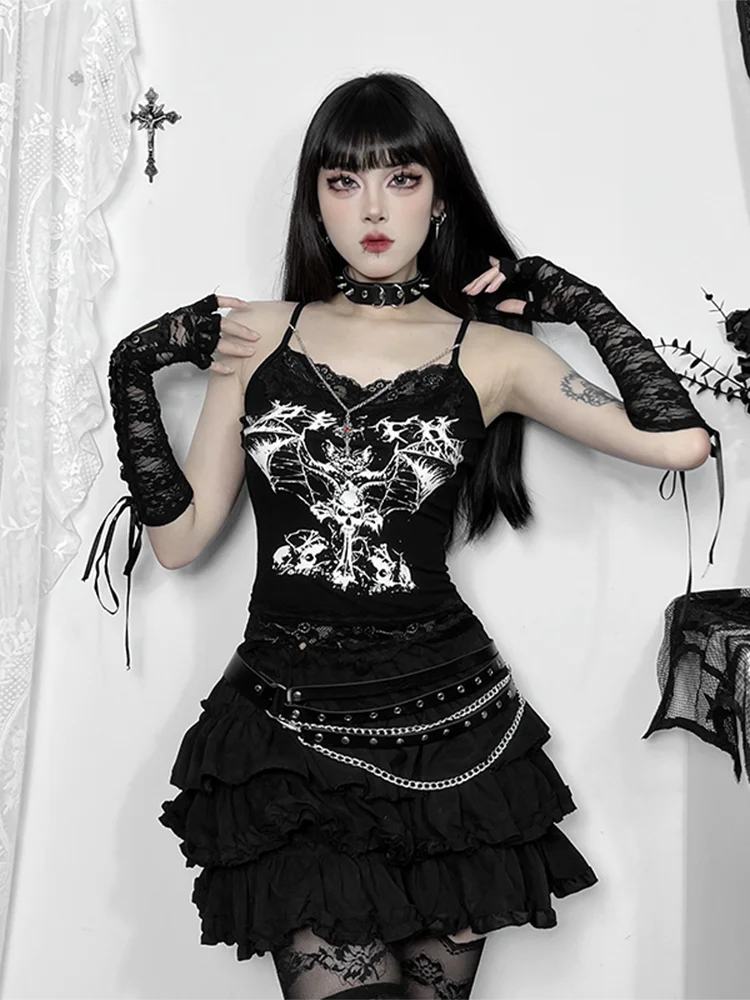 AltGoth Gothic Punk Camis Women Streetwear Harajuku Y2k Grunge Graphic Bat Printed Lace Patchwork Crop Tank Top with Chain Femme